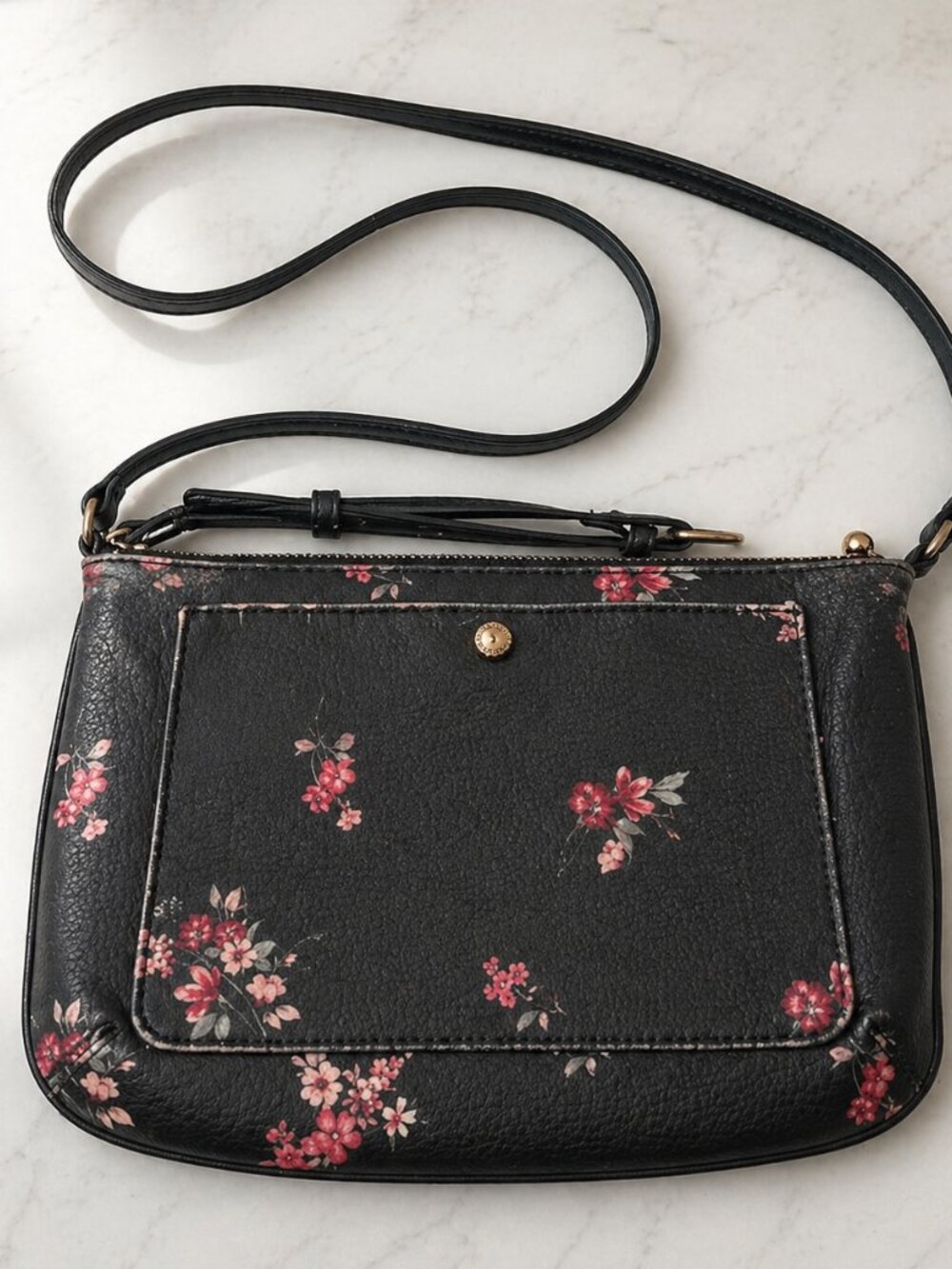 LC Lauren Conrad Black Floral Crossbody Bag — Adjustable Strap, Gold Hardware